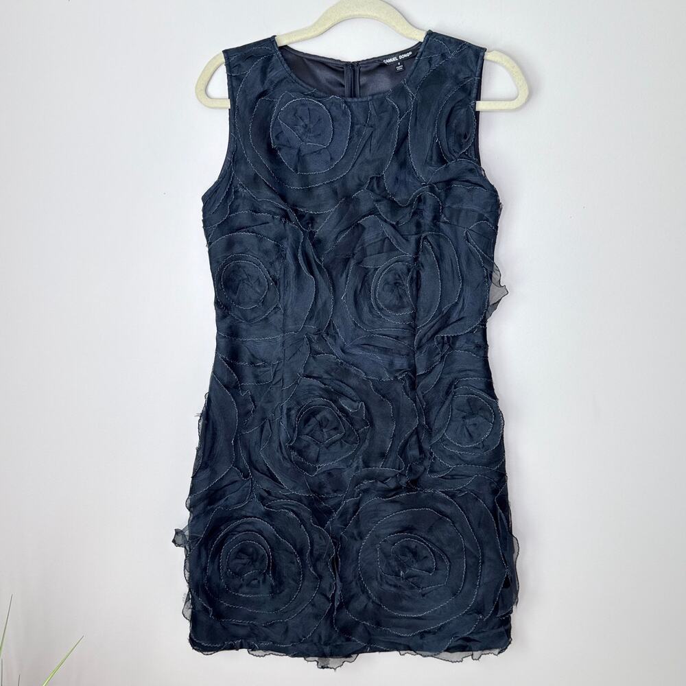 Samuel Dong 100% Silk 3D Rosette Brodee Organza Shift Dress Size 8‎ Black